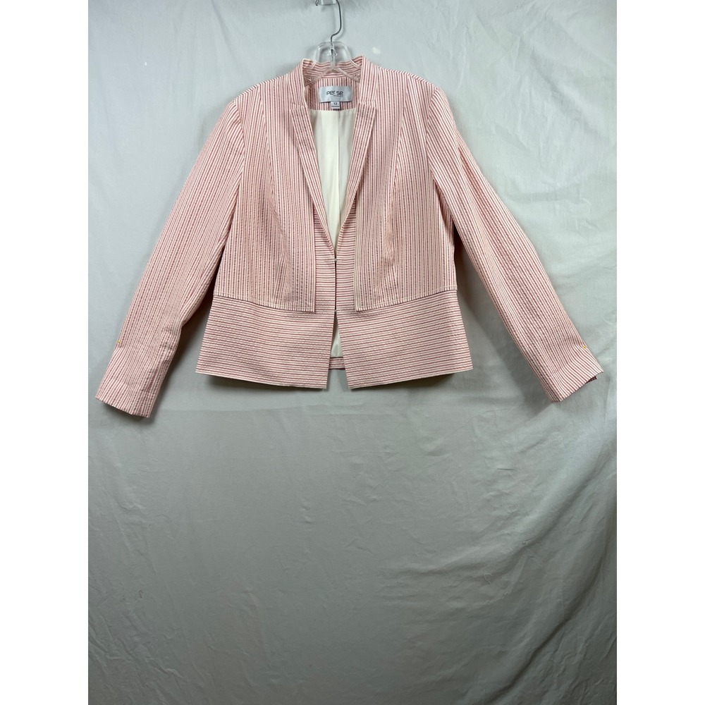Per Se by Carlisle Blazer Womens 12 Red White Striped Seersucker Open Front